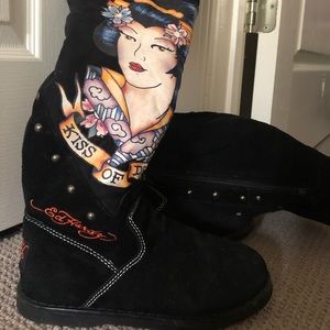 Knee high Ed Hardy boots for the early 2000s stan